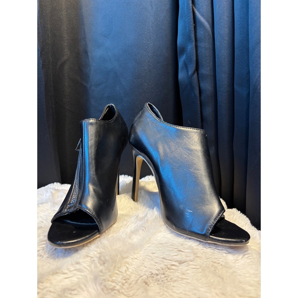 Black Faux Leather Peep Toe Stiletto Booties Asymmetric Zip Ankle Boots Size 38